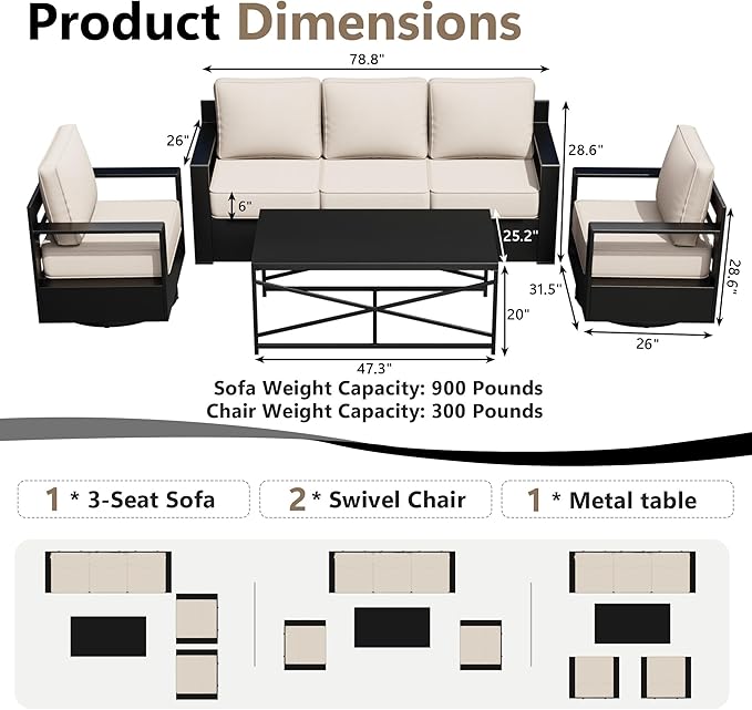 Outdoor Patio Furniture Set, 4-Piece Aluminum Patio Conversation Set All-Weather Metal Outdoor Sectional with 6 Inch Thick Cushions, Deep Setting for Garden, Outside and Porch