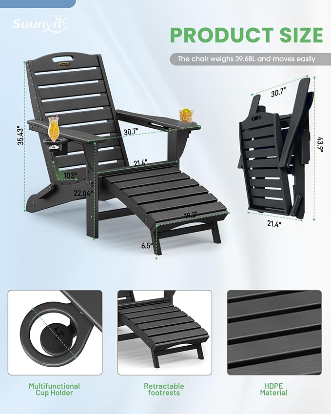 Folding Adirondack Chairs Set of 6,Adirondack Chair with Retractable Ottoman,Plastic Adirondack Chairs with 2 Cup Holder,Weather Resistant Patio Chair,Outdoor Chairs Set of 6(Black)