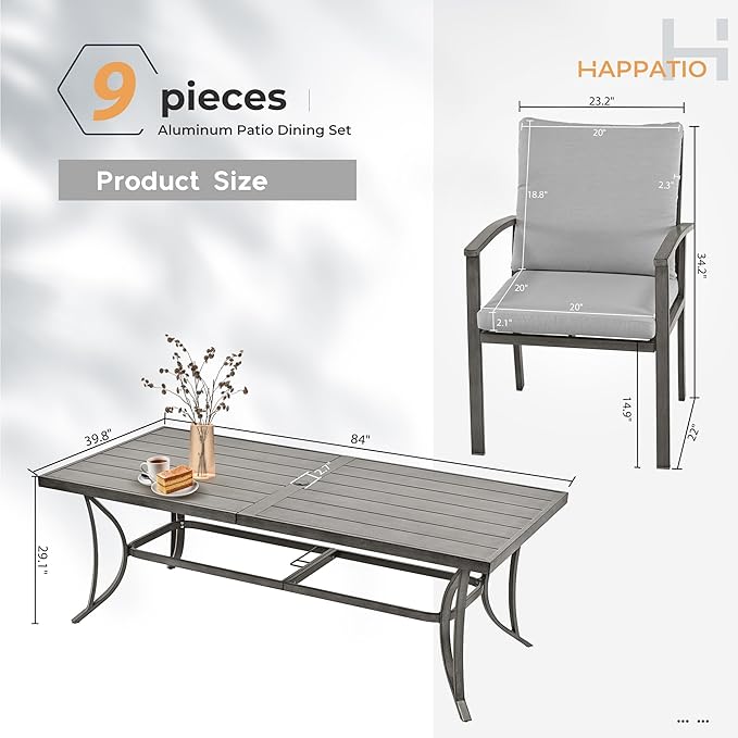 HAPPATIO 9-Piece Patio Dining Set - All Aluminum Table and Chairs for 8, Includes Rectangular Table and 8 Chairs with Cushions, Lawn, Garden