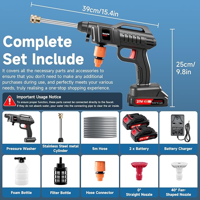 Cordless Pressure Washer Battery Operated, 60Bar/870 PSI Electric Pressure Washer,1500W Portable Battery Power Washer, Handheld High Pressure washers with Nozzles, 2 Battery, 5m Hose for Car/Garden