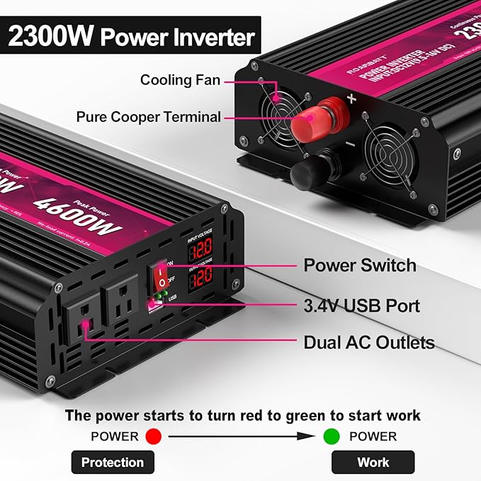 2300W Power Inverter,12V DC to AC 110V120V Peak Power 4600W with 2AC Outlets and 2.4USB Port,LCD Display Car Inverter for Power Converter Outdoor Activities,Emergency,Vehicles Truck RV Solar System