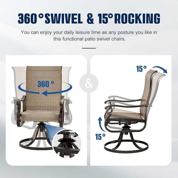 UDPATIO Patio Swivel Dining Chairs Set of 8, Outdoor Swivel Chairs High Back with All Weather Textilene Metal Rocking Frame for Lawn Garden Backyard, Brown