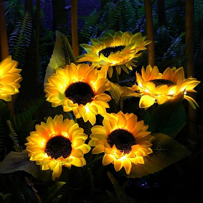 ANGMLN Solar Sunflower Outdoor Garden Lights, 4 Pack with 12 Sunflower Waterproof Garden Decor, Gifts for Mom Grandma, Waterproof Decorative Lights for Pathways Patios and Yards Decorations