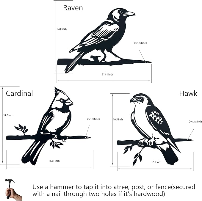3pcs Black Metal Art Bird Ornaments for PatioTree, Country Farmhouse Style Outdoor Art, Metal Yard Art Outdoor and Garden Decorations,(Includes Cardinal & Raven & Hawk)