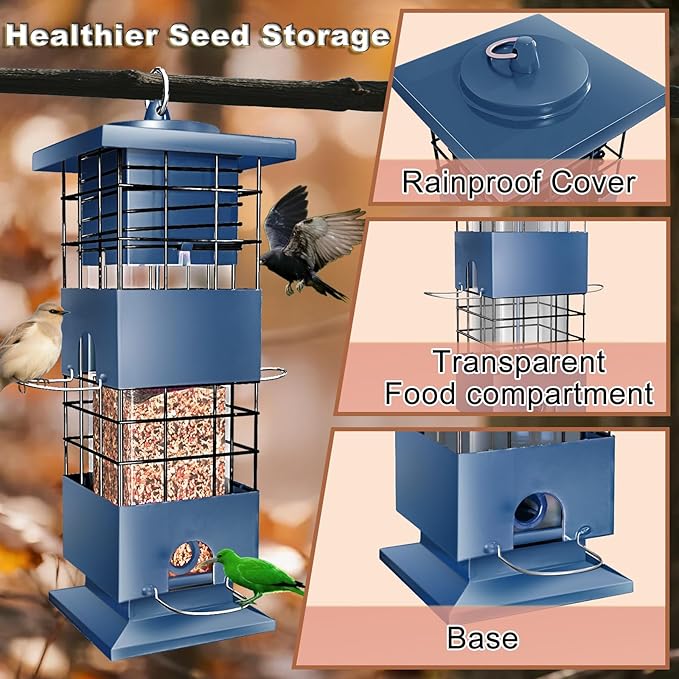 Squirrel Proof Bird Feeder, 3.5Lbs Large Capacity Metal Squirrel-Proof Bird Feeders for Outdoors Hanging, 4 Feeding Ports Wild Bird Feeders with Gravity Protection for Finch, Cardinal, Blue Jay