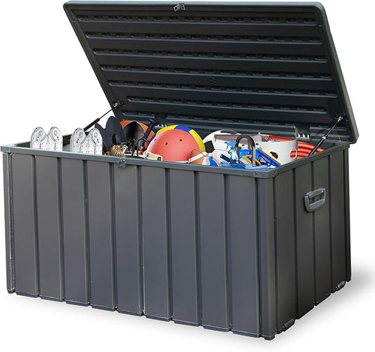 Deck Box,120 Gallon Indoor and Outdoor Storage Box, Lockable Large Patio Storage Bin for Outside Cushions, Garden Tools (Dark Grey)