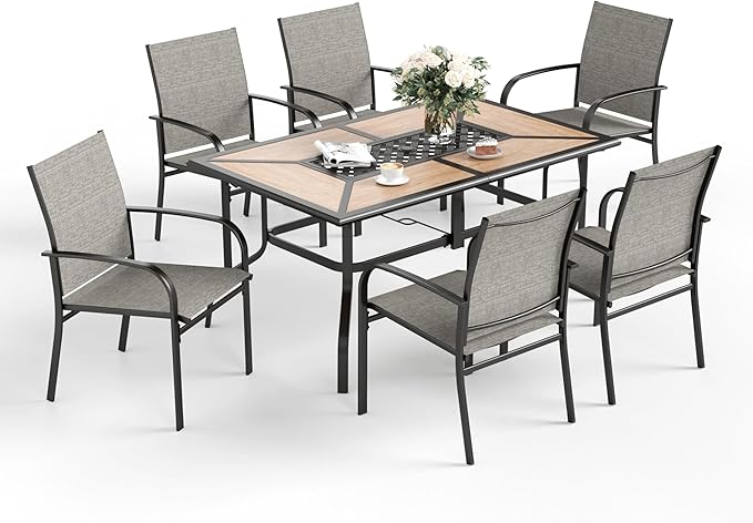 7 Pcs Patio Dining Set for 6, Metal Rectangular Dining Table (PVC Table Top) with Umbrella Hole and 6 Chairs, Outdoor Dining Set for Lawn Garden Deck, Brown