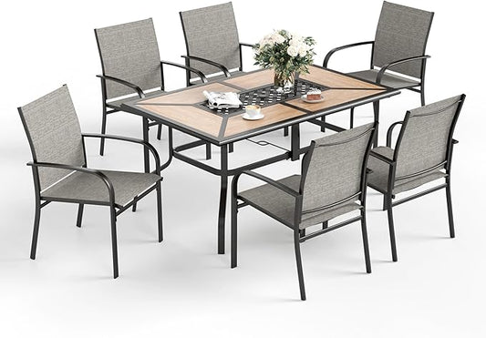 7 Pcs Patio Dining Set for 6, Metal Rectangular Dining Table (PVC Table Top) with Umbrella Hole and 6 Chairs, Outdoor Dining Set for Lawn Garden Deck, Brown