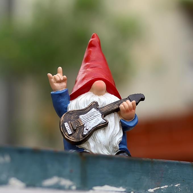 Garden Gnome with Guitar 7.1“ Figurine Ornament for Indoor Outdoor Home Patio Yard Lawn, Red Hat, Blue Outfit, Indoor Outdoor Decorative Statue