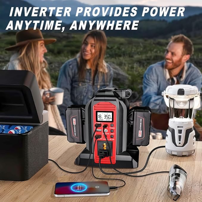350W Power Inverter Compatible with Milwaukee18V Battery Power Supply Inverter DC 20V to AC 110~120V Pure Sine Wave Inverter with LED Light,AC,DC,Type-C,USB Port for Camping Emergency Travel