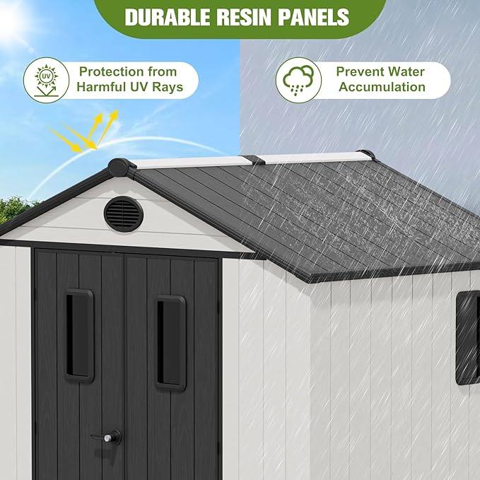 COOS BAY 8x6 Outdoor Resin Storage Shed with Floor, 2 Lockable Doors, All-Weather Durable Garden Shed for Tools & Equipment, White/Gray