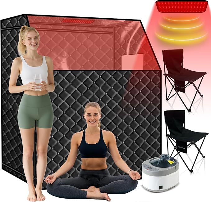 Smartmak 2 Person Portable Steam Infrared Sauna Box with 660nm Red Light Therapy Lamp for Home Relaxation, 4 L 1500W Steamer Extra Large Full Body Saunas Spa Tent, Remote Control, 2 Folding Chairs