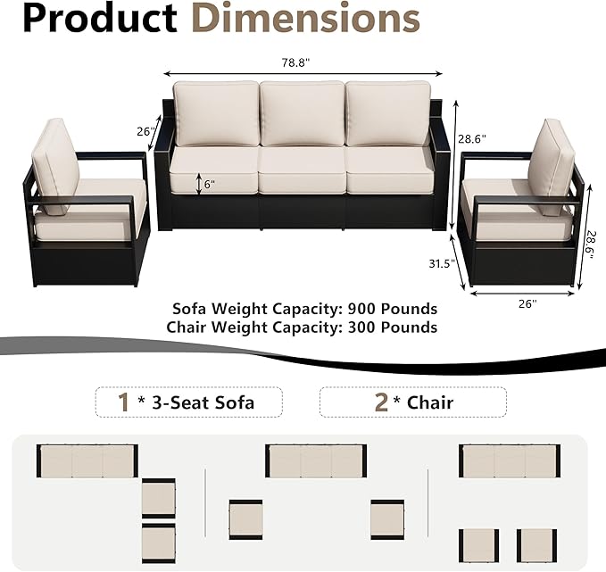 Outdoor Patio Furniture Set, 3-Piece Aluminum Patio Conversation Set All-Weather Metal Outdoor Sectional with 6 Inch Thick Cushions, Deep Setting for Garden, Outside and Porch