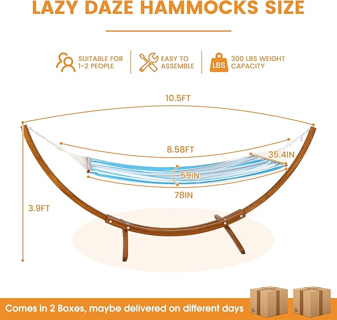 Lazy Daze Hammocks Cotton Fabric Spreader Bar Hammock and 10.5 Ft Wood Arc Hammock Stand Combo, for Indoor, Outdoor, Patio, Backyard, Blue and White