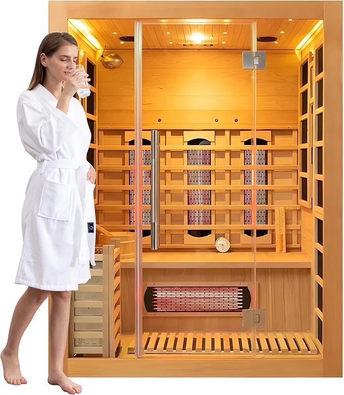 Luxury Dual-System Wood Sauna Room for 2-3 Person, Hybrid Indoor Sauna Spa,Canadian Hemlock, 4.5KW Heater, 195°F Steam+149°F Far Infrared, 10 Heating Elements, 220V, Oxygen Ionizer, 8mm Tempered-grass
