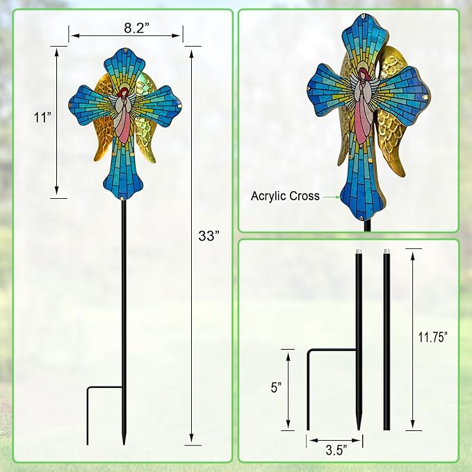 WAIU 33 Inch Solar Cross Garden Light Outdoor Decorative - Solar Acrylic Jesus and Metal Angel Wings Stake Light Waterproof Warm White LED for Remembrance Gifts & Sympathy Gifts.