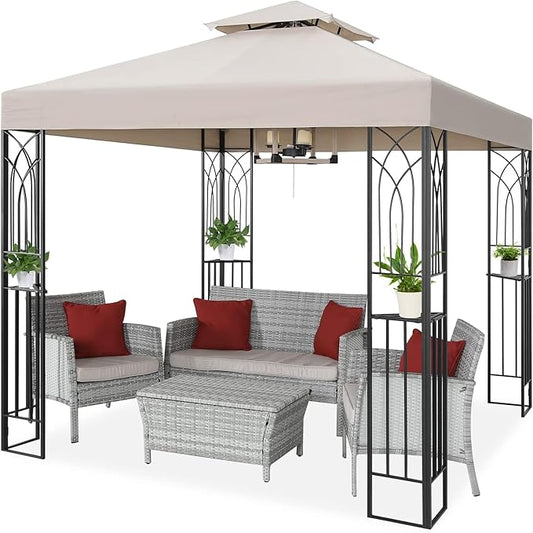 COOS BAY 8x8 Outdoor Patio Gazebo with Corner Shelves, Two-Tier Soft Top Canopy for Backyard, Lawn, Deck and Garden, Beige