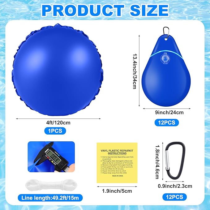 Hungdao 4ft Pool Pillow Cover for Above Ground with 12 Pcs Inflatable Pool Cover Weight with Hook Winter Ice Antifreezing Hanging Bag with Rope and Connection Buckle(Royal Blue,4ft,Round)