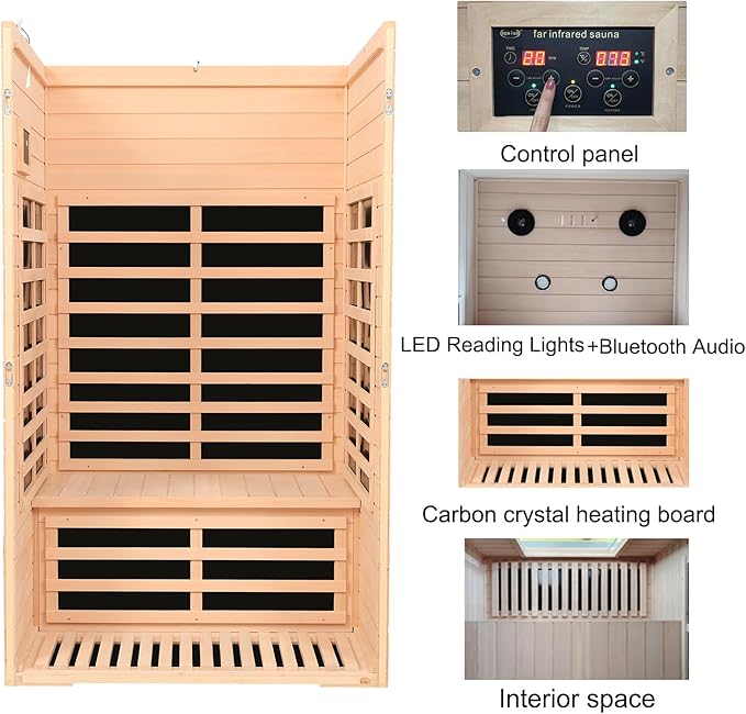 2 Person Infrared Sauna, Low EMF FAR Infrared Sauna for Home, 1500 Watts Canadian Hemlock Indoor Saunas with LED Reading Lamp, LCD Display-Control, Blue-Tooth Audio