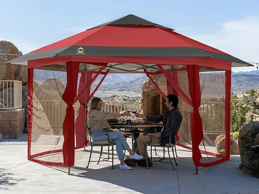 CROWN SHADES 12x12 Pop up Gazebo with Mosquito Nettings, Patented Center Lock 6-Sided Portable Gazebo, 300D Silver-Coated Fabric UV Resistant, Pop Up Canopy Tent for Patio, Party, Red&Grey