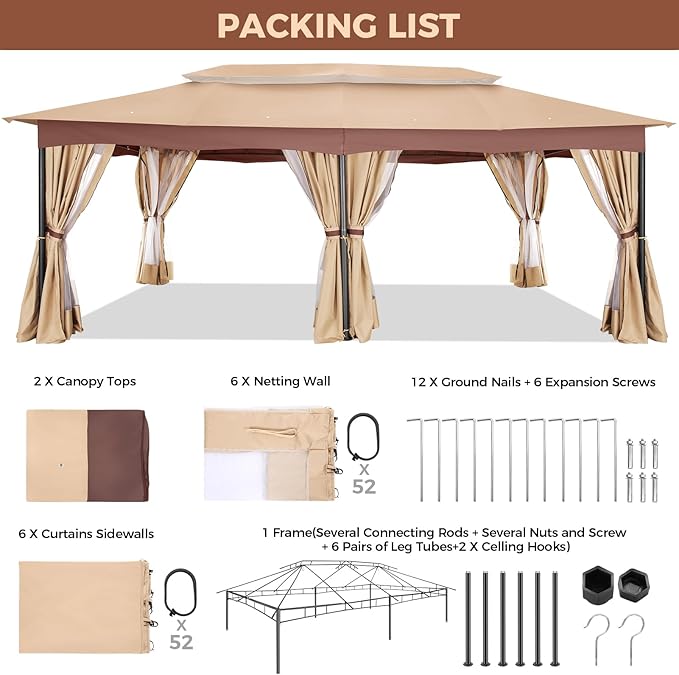 COBIZI Gazebo 12x20 Heavy Duty Gazebos with Curtain and Netting Outdoor Gazebo Canopy Double Roof Patio Gazebos with Metal Steel Frame for Patio, Deck, Backyard (Khaki)