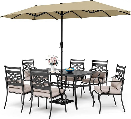 Sophia and William Patio Dining Set for 6, 13ft Patio Umbrella Beige, Removable Seat Cushions, Black 59" Patio Dining Table
