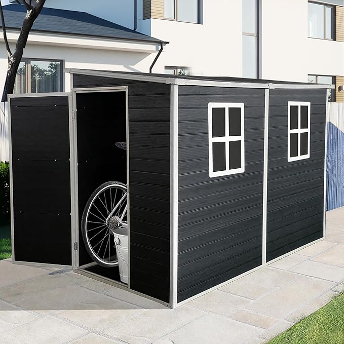 4x8 FT Resin Storage Sheds Outdoor with Floor, 2 Windows & Lockable Door Storage Shed - Waterproof Garden Tool Shed, Patio & Backyard Tool Storage Cabinet Use - Black