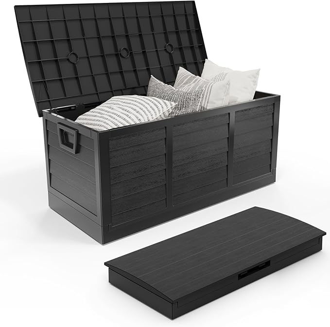 Outvita Foldable 75 Gallon Outdoor Storage Box, Plastic Storage Containers with Lid, Patio Deck Box Furniture for Garden, Pool, Balcony, Yard (Black)