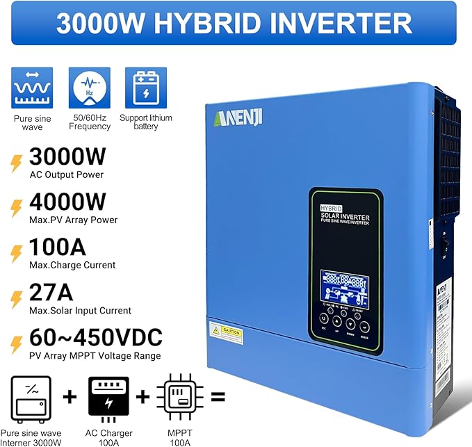 3000W Hybrid Solar Inverter 24V DC to 110V AC, Pure Sine Wave, Built-in 100A MPPT Controller, 98% Efficiency, Solar & Generator Input, Dustproof, for Home Backup RV Off-Grid