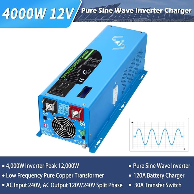 4000W 12V Inverter Charger,Peak 12000W,240Vac Input, 120V/240Vac Output Split Phase,Low Frequency,Pure Sine Wave Inverter, LCD Remote Controller,for Off Grid System(Upgraded Version)