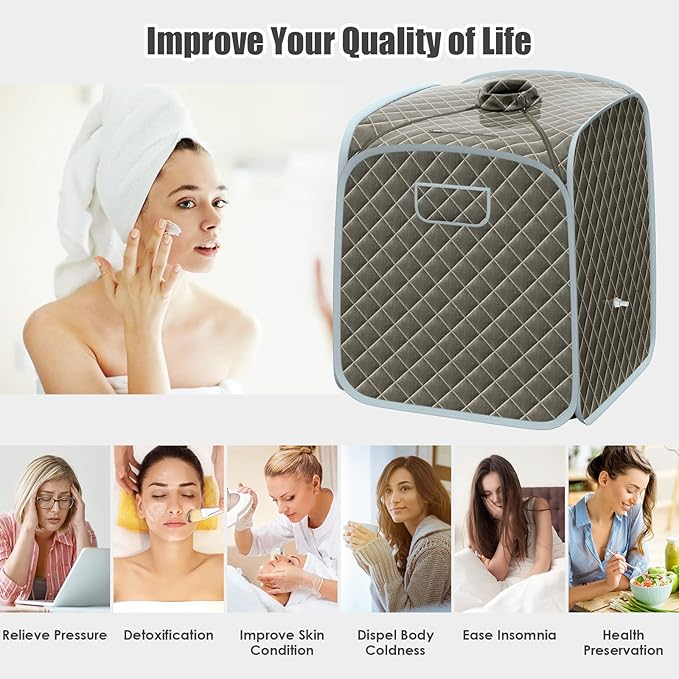 COSTWAY Portable Steam Sauna, 3L Foldable Sauna Spa with Remote Control, 9-Gear Temperature and Timer, Atomization Function, Personal Sauna Tent for Weight Loss, Detox Relaxation at Home (Grey)