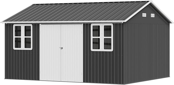 VanAcc 12x14x8.5 FT Galvanized Steel Outdoor Storage Shed with 2 4-Pane Windows Lockable Door, Nordic Cottage Shed for Backyard, Garden, Patio, Dark Grey/White