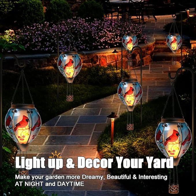 Hot Air Balloon Solar Lantern - Cardinal Bird Glass Lantern, Simulated Flickering & Dancing Flame, Outdoor Hanging Yard Light Waterproof IP65 for Patio Lawn Porch Decor Gift