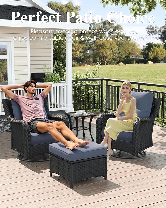 LayinSun 7 Piece Wicker Outdoor Furniture Set with 6-inch Comfy Cushions, High Back Patio Furniture Set with Swivel Rocking Chairs and Side Table