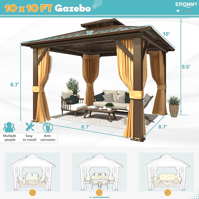 EROMMY 10' x 10' Hardtop Gazebo, Aluminum Frame Gazebos with Galvanized Steel Double Roof, Permanent Outdoor Metal Pavilion with Curtain and Netting for Patio, Lawn, Deck
