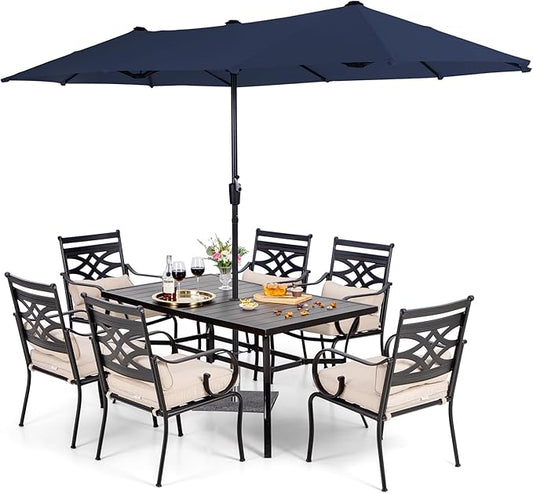 Sophia and William Patio Dining Set for 6, 13ft Patio Umbrella Navy Blue, Removable Seat Cushions, Black 59" Patio Dining Table