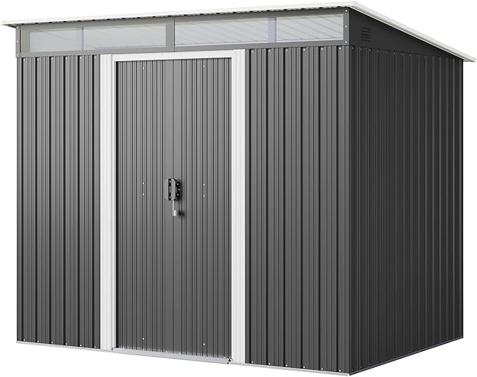 Gizoon 7.4'x5.3' Outdoor Storage Shed Metal Garden Shed with Sliding Lockable Doors, Versatile Tool Bike Shed with Transparent Panel Windows, Outdoor Storage Clearance for Backyard, Patio, Dark Gray