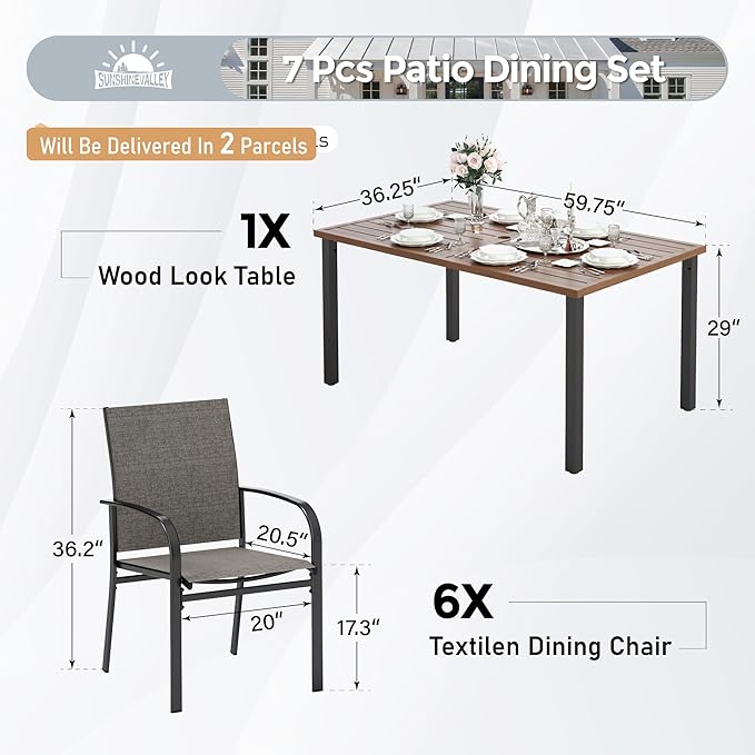 7 PCS Patio Dining Set for 6, Rectangular Wood-Like Metal Table with Umbrella Hole and 6 Chairs, Outdoor Table and Chairs for Lawn Garden Backyard and Deck, Brown
