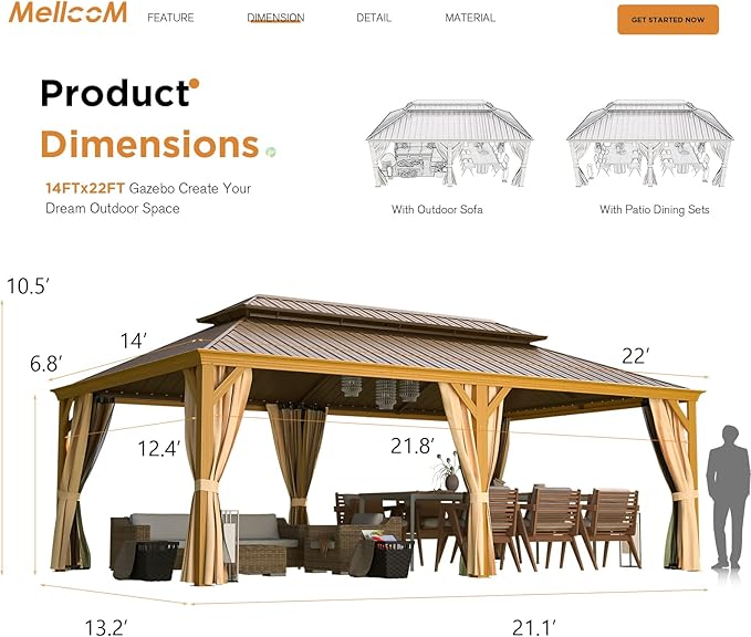 MELLCOM 14' x 22' Gazebo, Hardtop Gazebo Wood-Looking with Galvanized Steel Double Roof, Aluminum Frame, Outdoor Permanent Metal Pavilion with Netting and Curtains for Deck, Backyard, Patio and Lawns