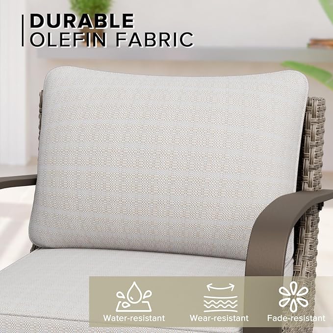 COOS BAY Aurora Terrace Outdoor Chairs with Cushions, Wicker Dining Set with Deep 4-Inch Seating, Modern Curved Armrest Porch Chairs, Set of 1, Beige/Beige