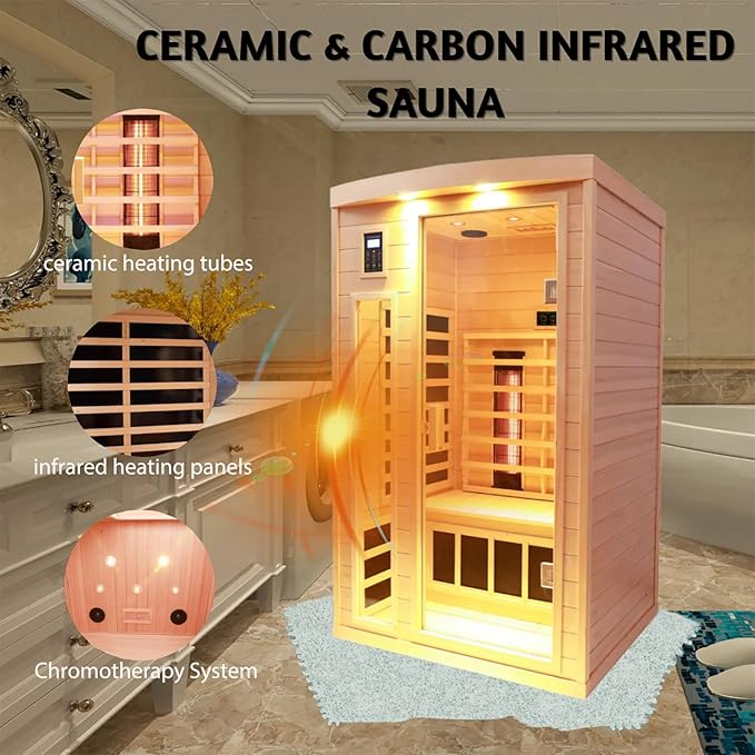 Ceramic Infrared Sauna, 2 Person Infrared Saunas for Home, Hemlock Wood Sauna Room, 2 in 1 Indoor Sauna with Low EMF Heaters + Ceramic Heating Cubes-Chromotherapy-Bluetooth Speaker