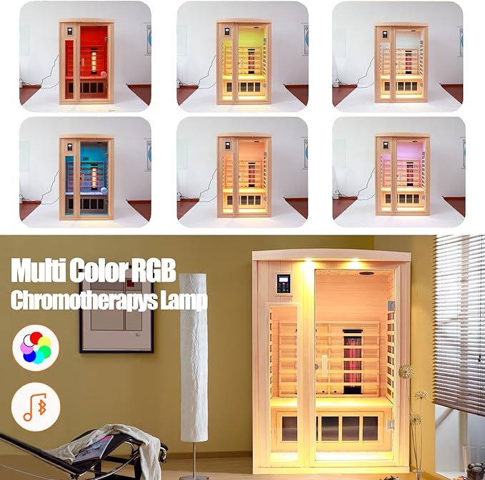 Ceramic Infrared Sauna 2 Person Far Infrared Sauna Hemlock Saunas Room for Home 2 in 1 Indoor Sauna with Low EMF Heaters + Ceramic Heating Cubes-Chromotherapy-Bluetooth Speaker