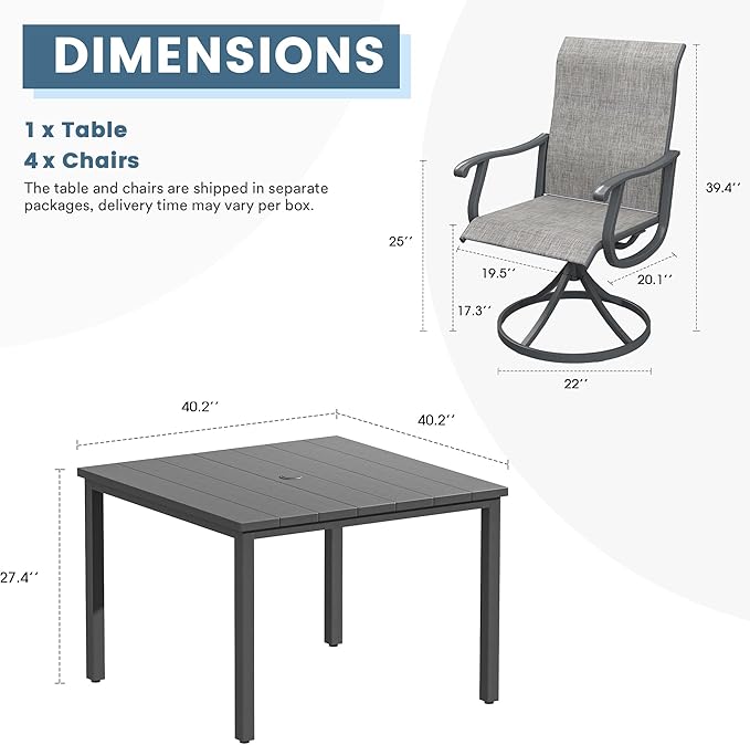 DIFY 5 Pieces Outdoor Patio Dining Set for 4, 40.2" Metal Square Dining Table and 4 Textilene Swivel Dining Chairs, Outdoor Table and Chairs