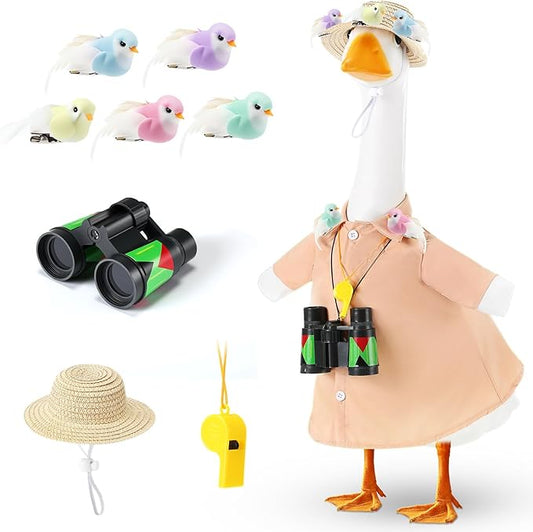 9 Pcs Bird Watcher Goose Outfits Hiking Costume Clothing T-shirt Straw Hat Binoculars Birds Whistle for 23'' Cement Porch Goose Summer Outdoor Garden Yard Lawn Patio Statue Art