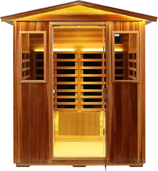 Red Cedar 4 Person Outdoor Ultra-Low EMF（0.5mg） Infrared Sauna, Multi-Person Home Sauna spa, 2160w,12 Heating Panels, LCD Control Panel, Bluetooth Speaker, Chromotherapy Lights, Reading lamp