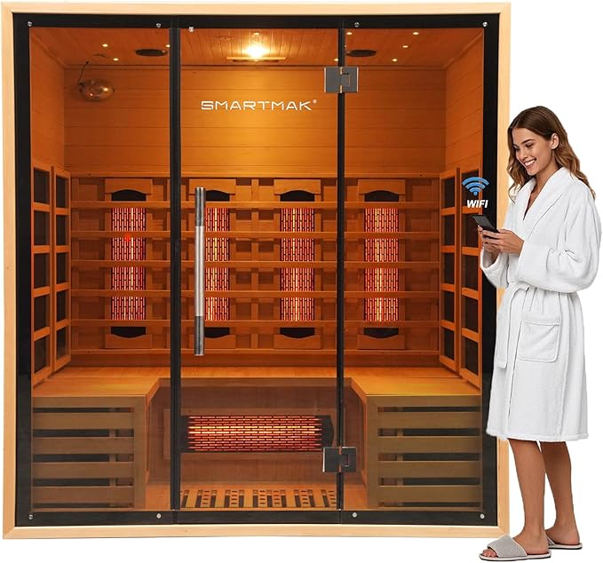 Full Spectrum Infrared Sauna for 4 Person, Indoor Canadian Hemlock Wood Red Light Home Spa Saunas with Upgraded WiFi Control, Speaker, Oxygen bar, Reading & 7-Color Starry Light, 2700W, 220V