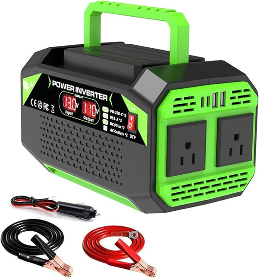 600W Power Inverter, 12V DC to 110V AC Converter with LED Display, 2 AC Outlets, 2 PD 25W Type-C, 2 QC 18W USB-A(4.2A)，2 DC Port, for Road Trips Laptop Computer