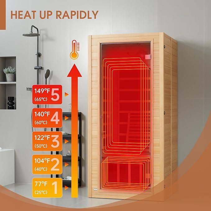 springspa Far Infrared Sauna for Home, Near Zero EMF Wood Home Sauna Room with 1400W, 9 Chromo Therapy Lights, Oxygen Ionizer, Bluetooth, LCD Control Panel for Indoor Use, 1 Person