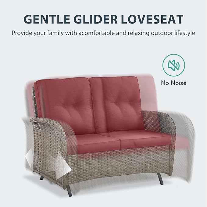 5 Piece Patio Furniture Set - Wicker Patio Conversation Set with Swivel Glider, Glider Loveseat, Tempered Glass Side Table and Coffee Table for Deck Backyard - Grey Wicker Red Cushion