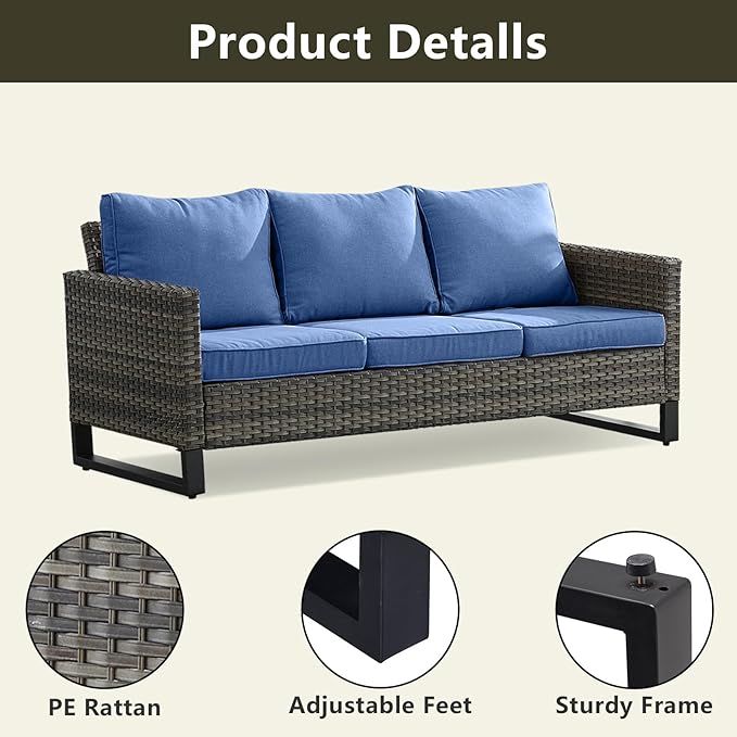 Wicker Outdoor Patio Furniture Set - 8 Piece Patio Conversation Set with 4 Swivel Rocker Chairs,2 Rattan Ottoman,1 Couch and 1 Metal Coffee Table for Outside Porch Deck Backyard(Mixed Grey/Blue)